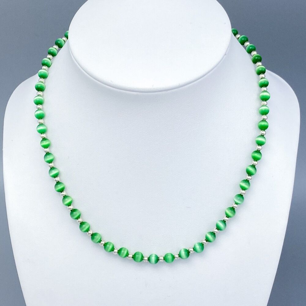 Women's Sterling Silver 925 Green Synthetic Cat's Eye Beaded Necklace 16-17.5"